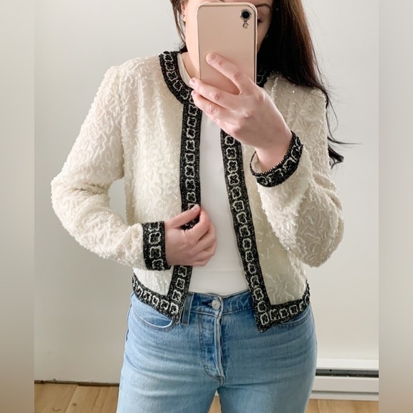 Vintage Ivory Black Sequined Beaded Embroidered Silk Dress Blazer Jacker Small - Picture 1 of 11